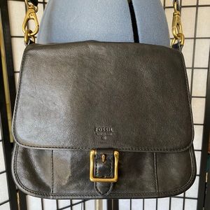 Fossil Crossbody Black Leather Bag w Brass